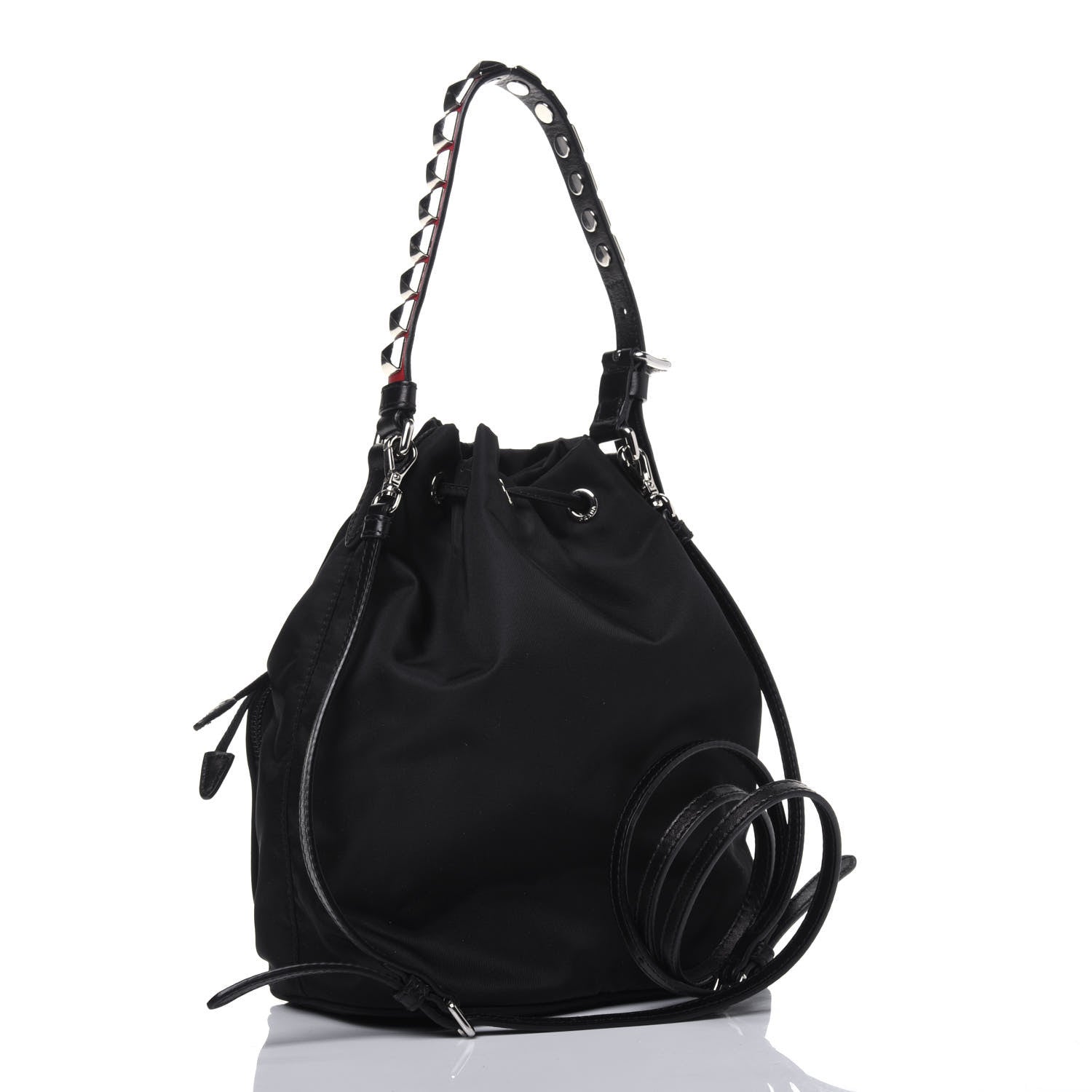 Prada Tessuto Nylon Studded New Vela Mini Bucket Crossbody Bag Black Fuoco 4 of 10