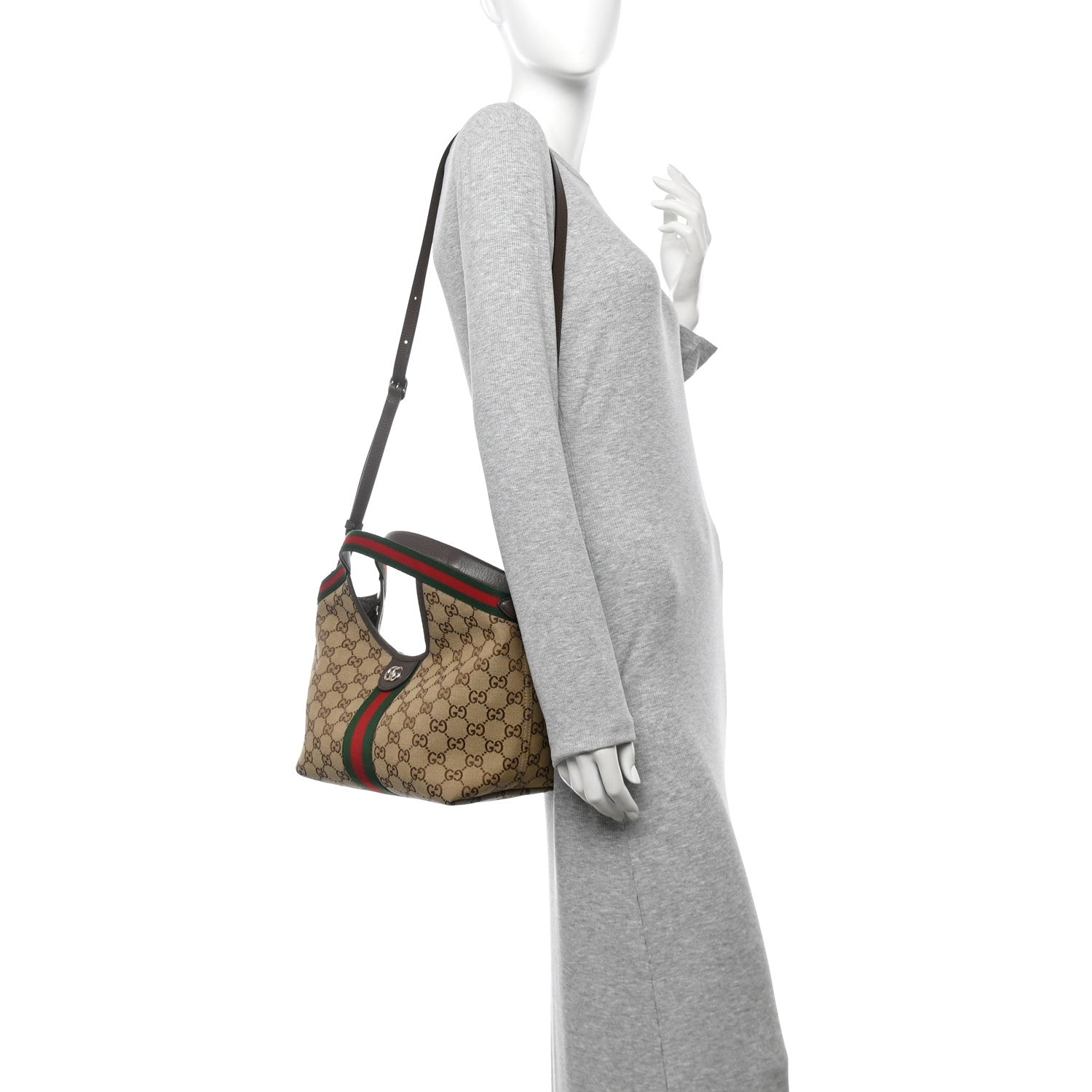 Gucci Monogram Web Small Giglio Tote Beige Dark Brown 2 of 10