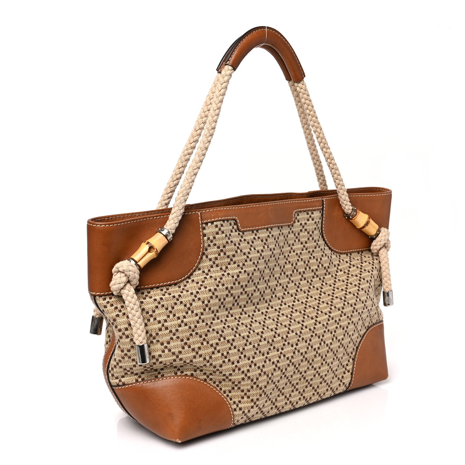 Gucci Calfskin Straw Diamante Maui Tote Brown 3 of 9
