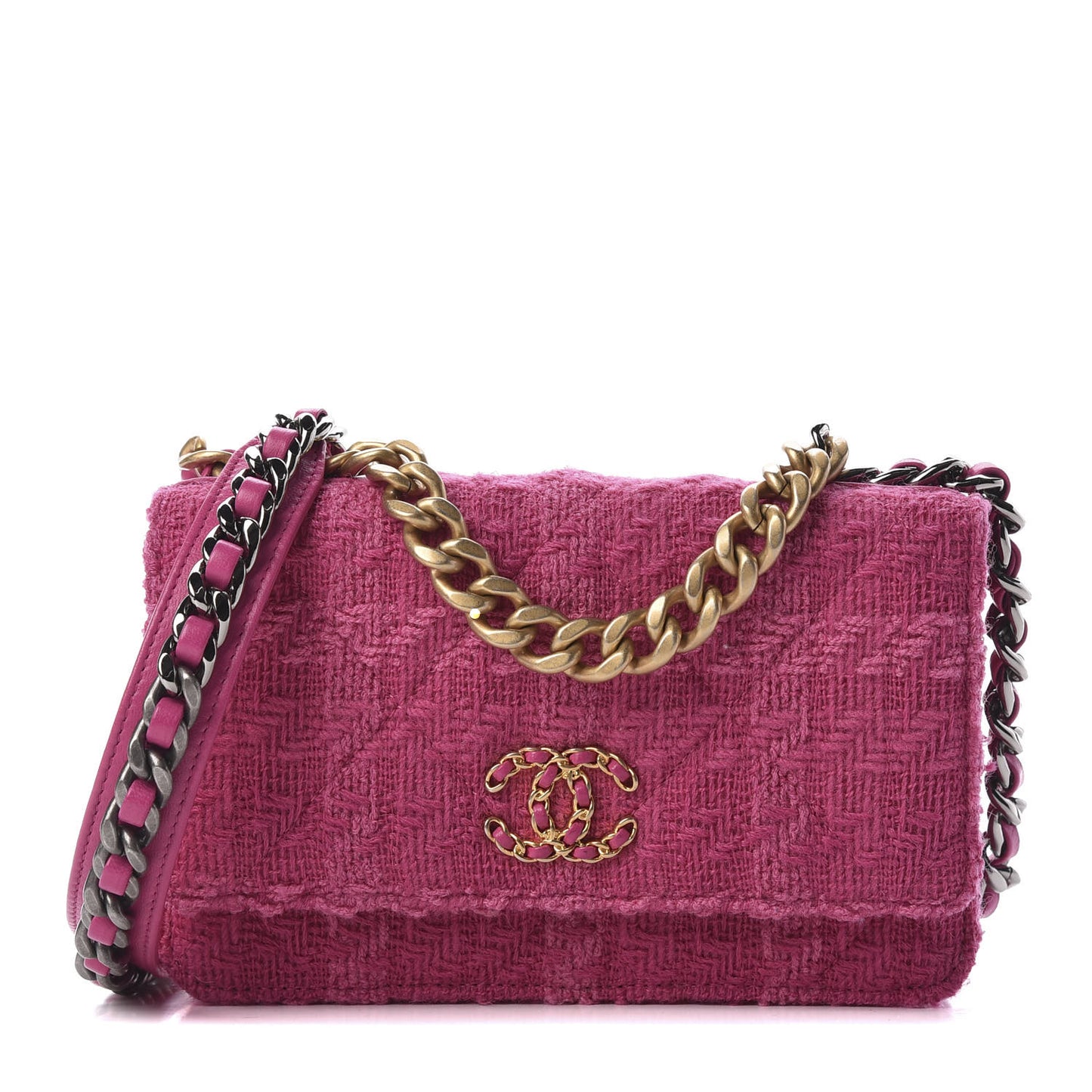 Wool Tweed Lambskin Quilted 19 Wallet On Chain WOC and Coin Purse Fuchsia