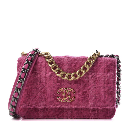 Chanel Wool Tweed Lambskin Quilted 19 Wallet On Chain WOC and Coin Purse Fuchsia 1 of 14