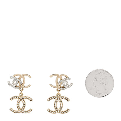 Chanel Crystal Pearl Double CC Drop Earrings Gold Silver 2 of 5
