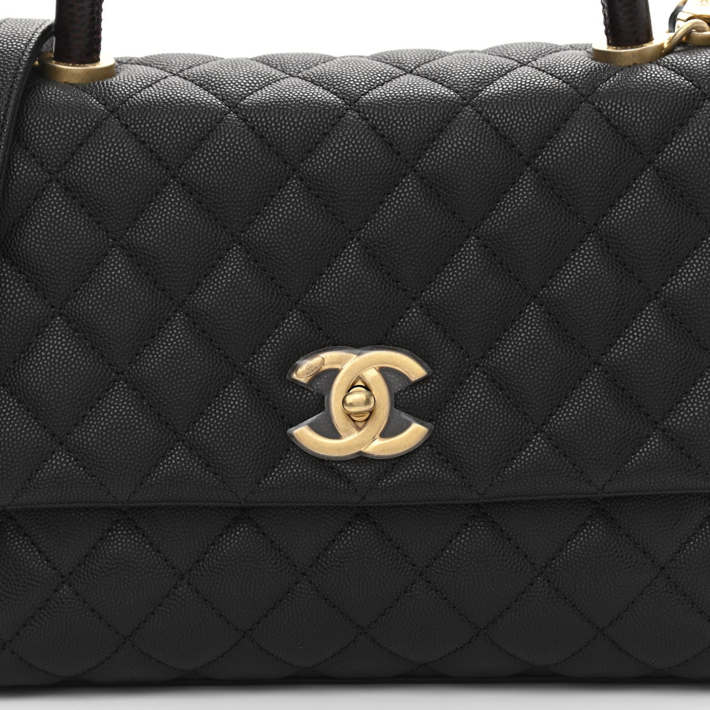 Caviar Lizard Embossed Quilted Small Coco Handle Flap Black