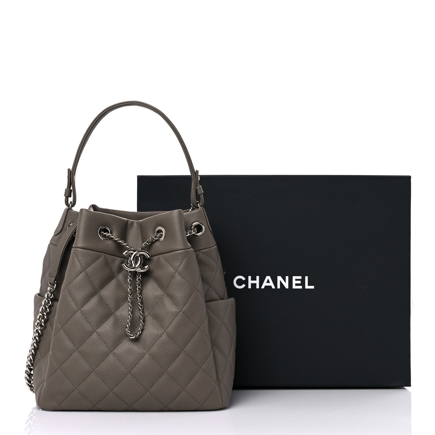 Caviar Flat Quilted CC Chain Bucket Drawstring Bag Khaki