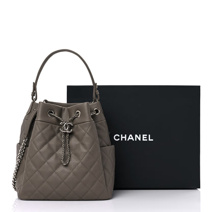 Chanel Caviar Flat Quilted CC Chain Bucket Drawstring Bag Khaki 10 of 10
