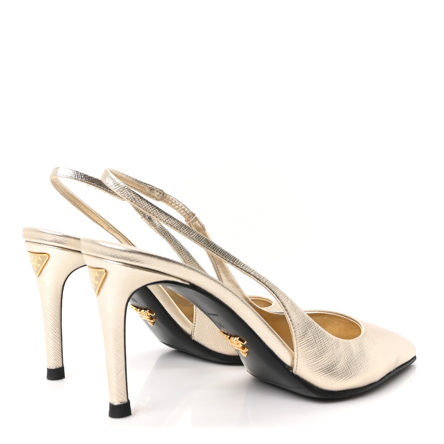 Prada Metallic Calfskin Metal Triangle Logo 85mm Slingback Pumps 35 Platino 5 of 9