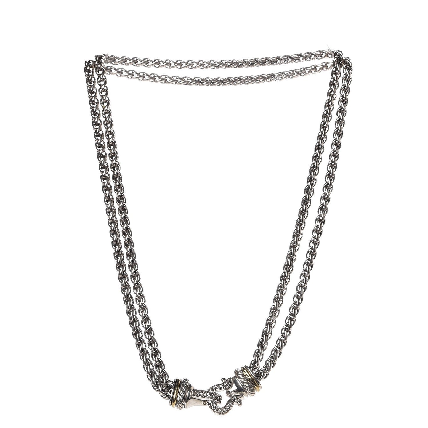 Sterling Silver 18K Yellow Gold Diamond Double Wheat Buckle Necklace
