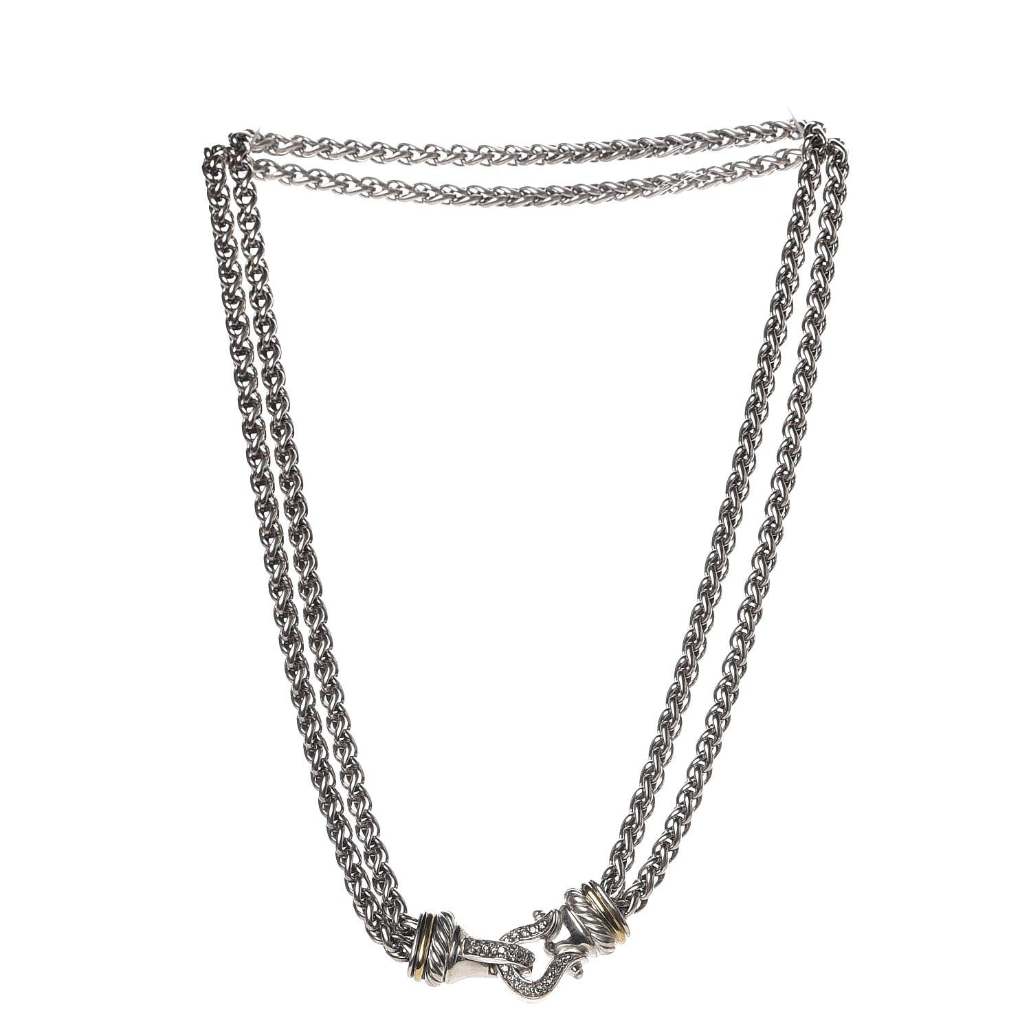 David Yurman Sterling Silver 18K Yellow Gold Diamond Double Wheat Buckle Necklace 3 of 5