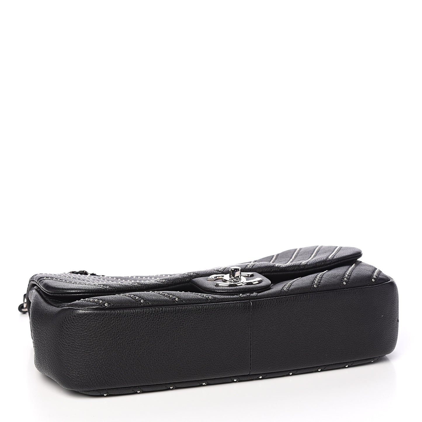 Calfskin Studded Chevron Quilted Wars Flap Black
