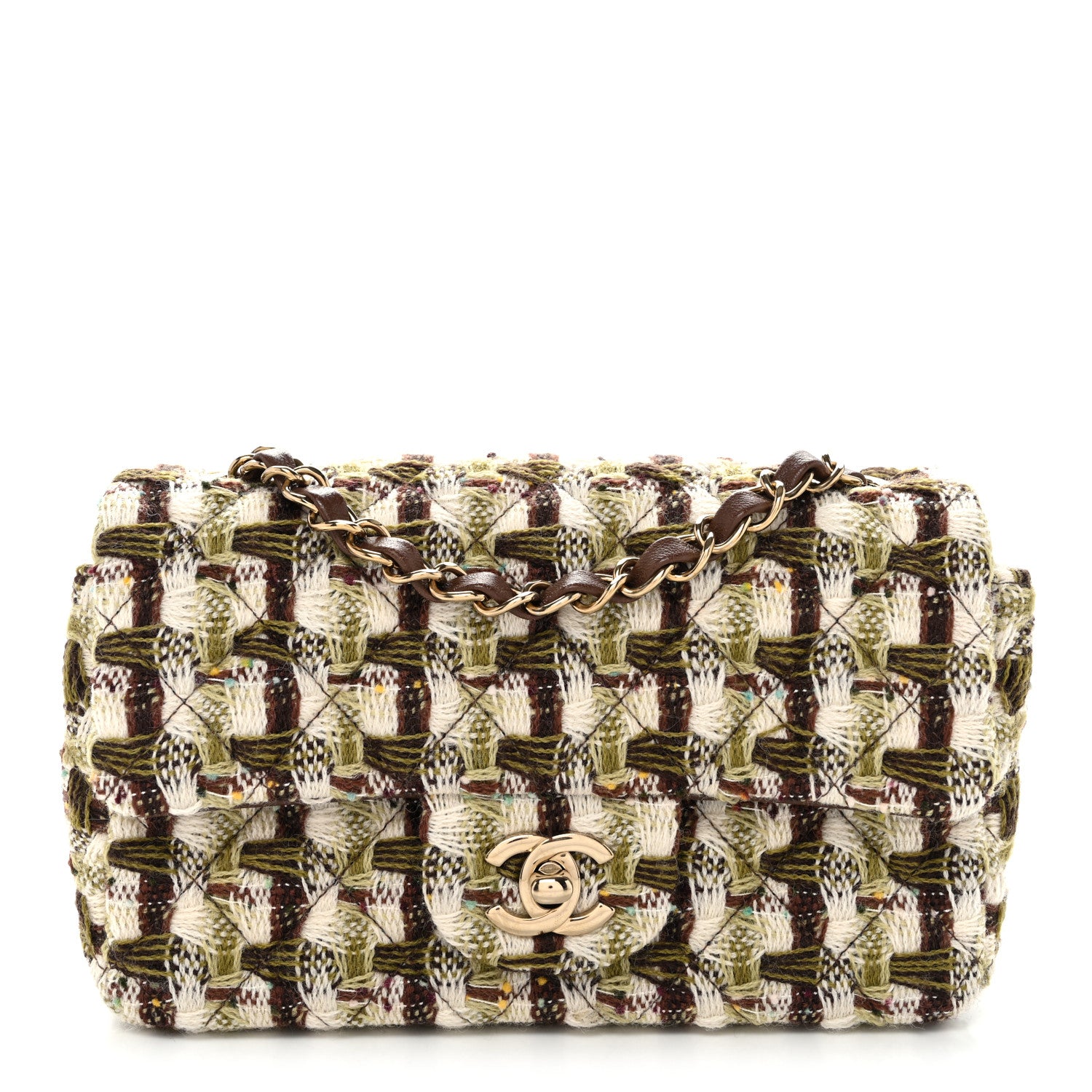Chanel Tweed Quilted Mini Rectangular Flap Green Brown 1 of 10