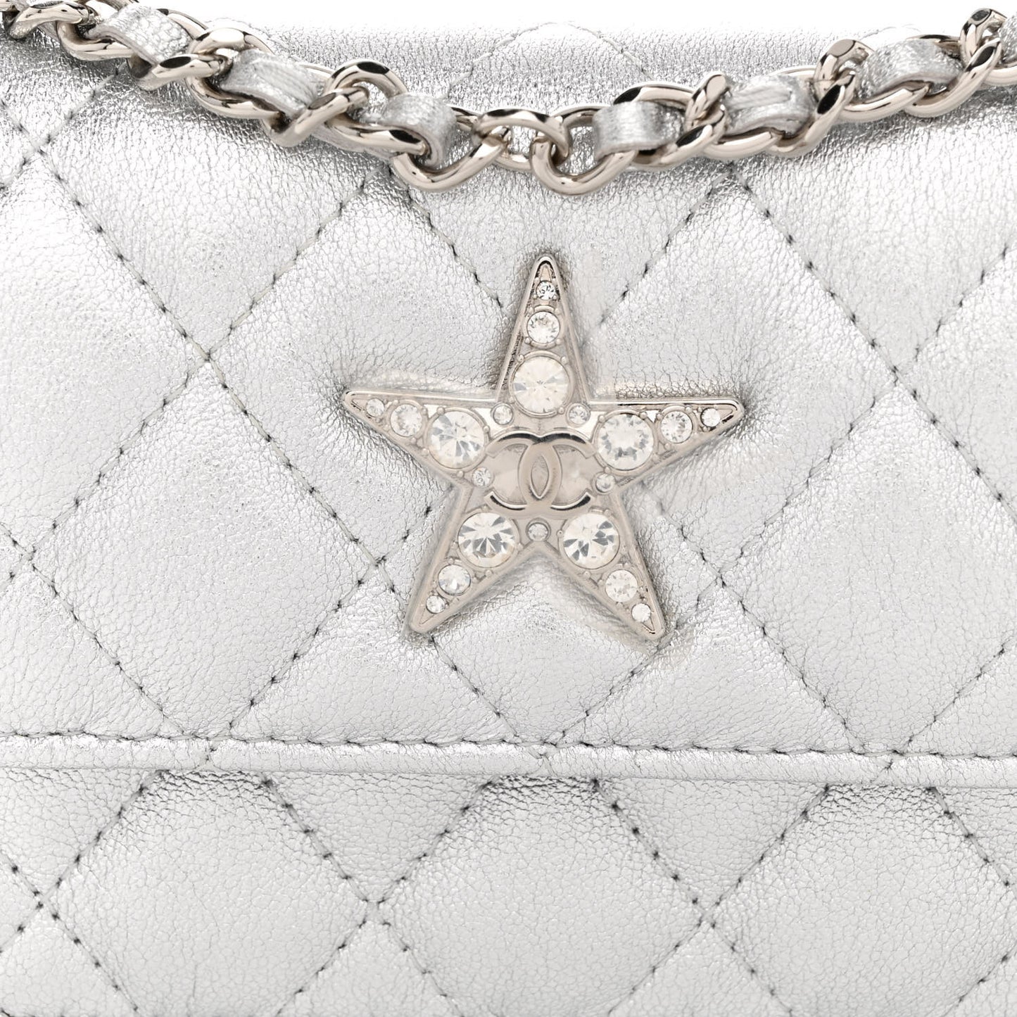 Metallic Goatskin Quilted Crystal CC Walk Of Fame Clutch With Chain Silver