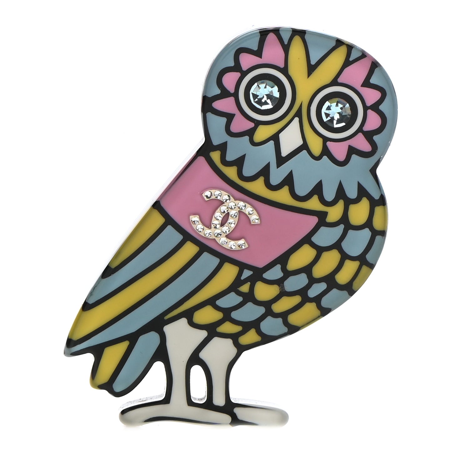 Resin Crystal Owl CC Brooch Blue Yellow Golden