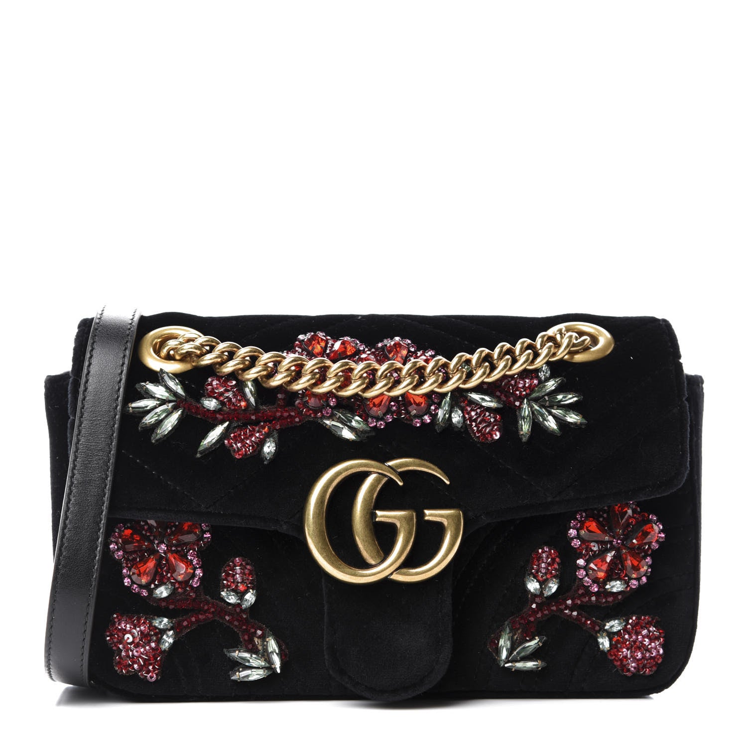 Gucci Velvet Matelasse Embroidered Mini GG Marmont Shoulder Bag Black 1 of 10