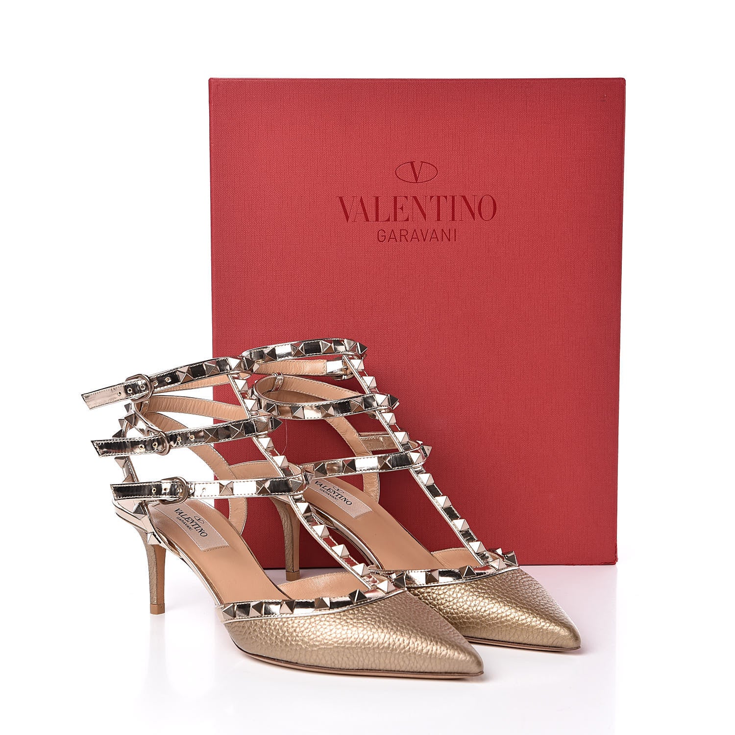 Valentino Garavani Metallic Pebbled Calfskin Patent Rockstud Ankle Strap 65mm Pumps 37.5 Skin 10 of 10