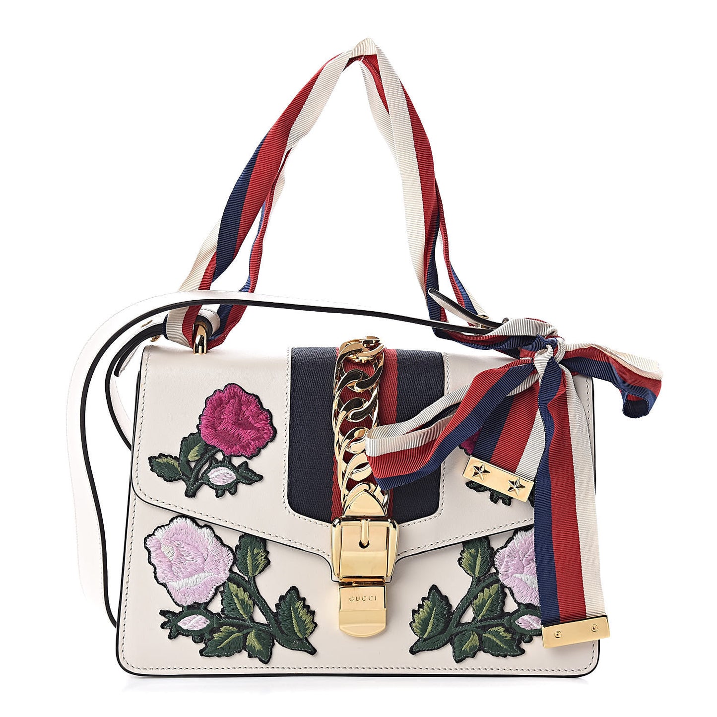 Calfskin Embroidered Small Sylvie Shoulder Bag White