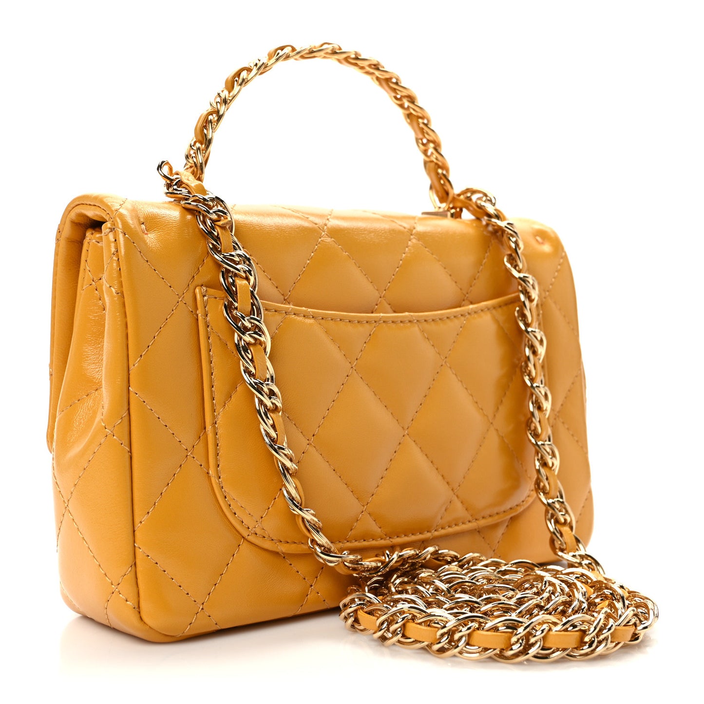 Shiny Lambskin Quilted Golden Links Top Handle Flap Yellow