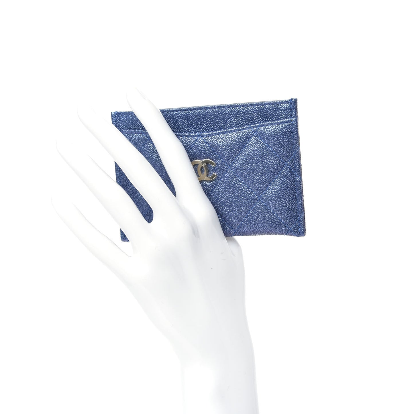 Iridescent Caviar Quilted Card Holder Dark Blue