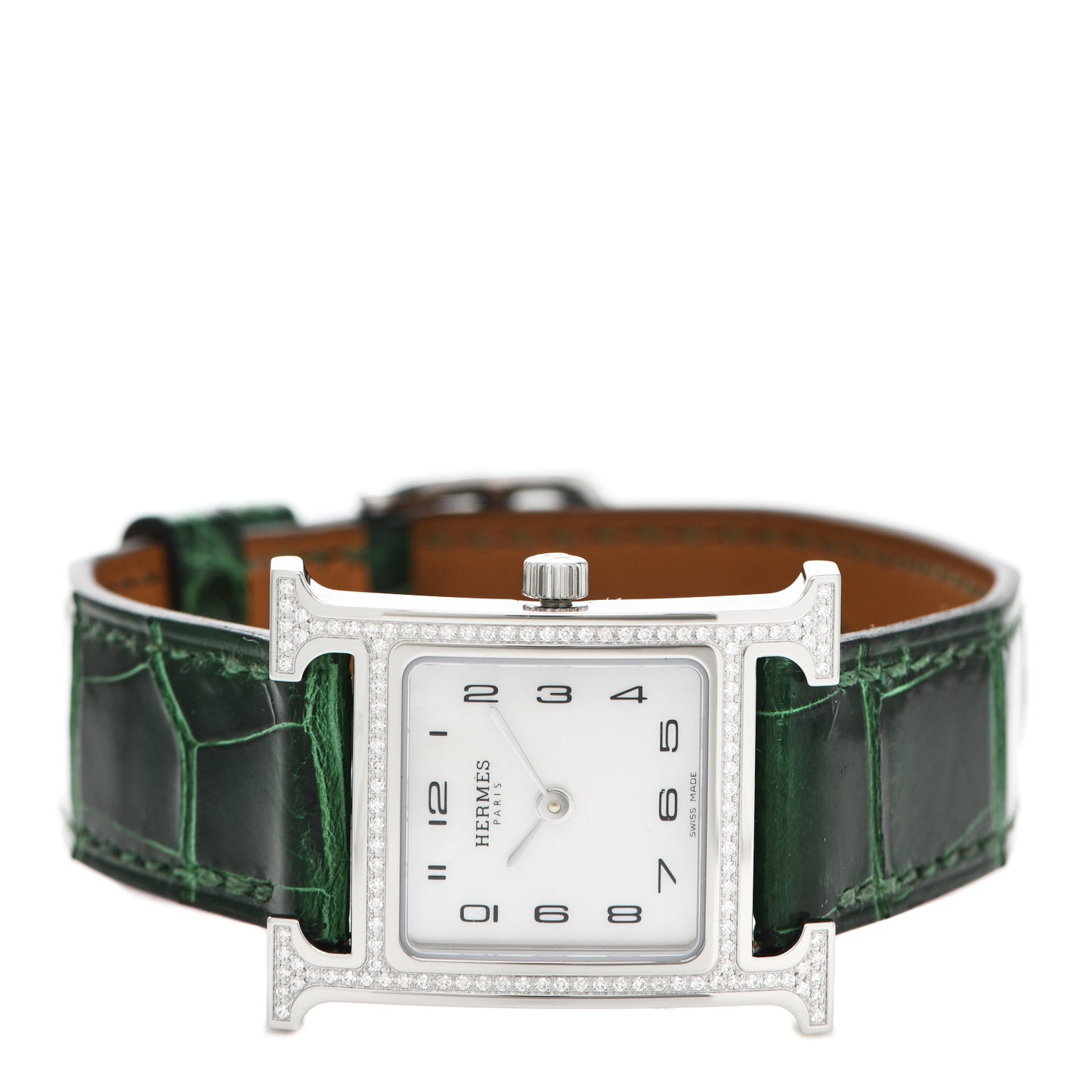 Stainless Steel Alligator Diamond Bezel Mother of Pearl 21mm Heure H Hour Quartz Watch Vert Moyen