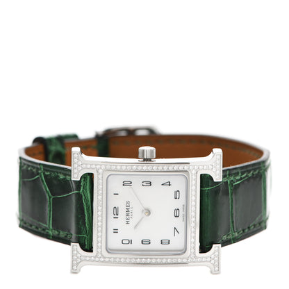 Hermes Stainless Steel Alligator Diamond Bezel Mother of Pearl 21mm Heure H Hour Quartz Watch Vert Moyen 2 of 5