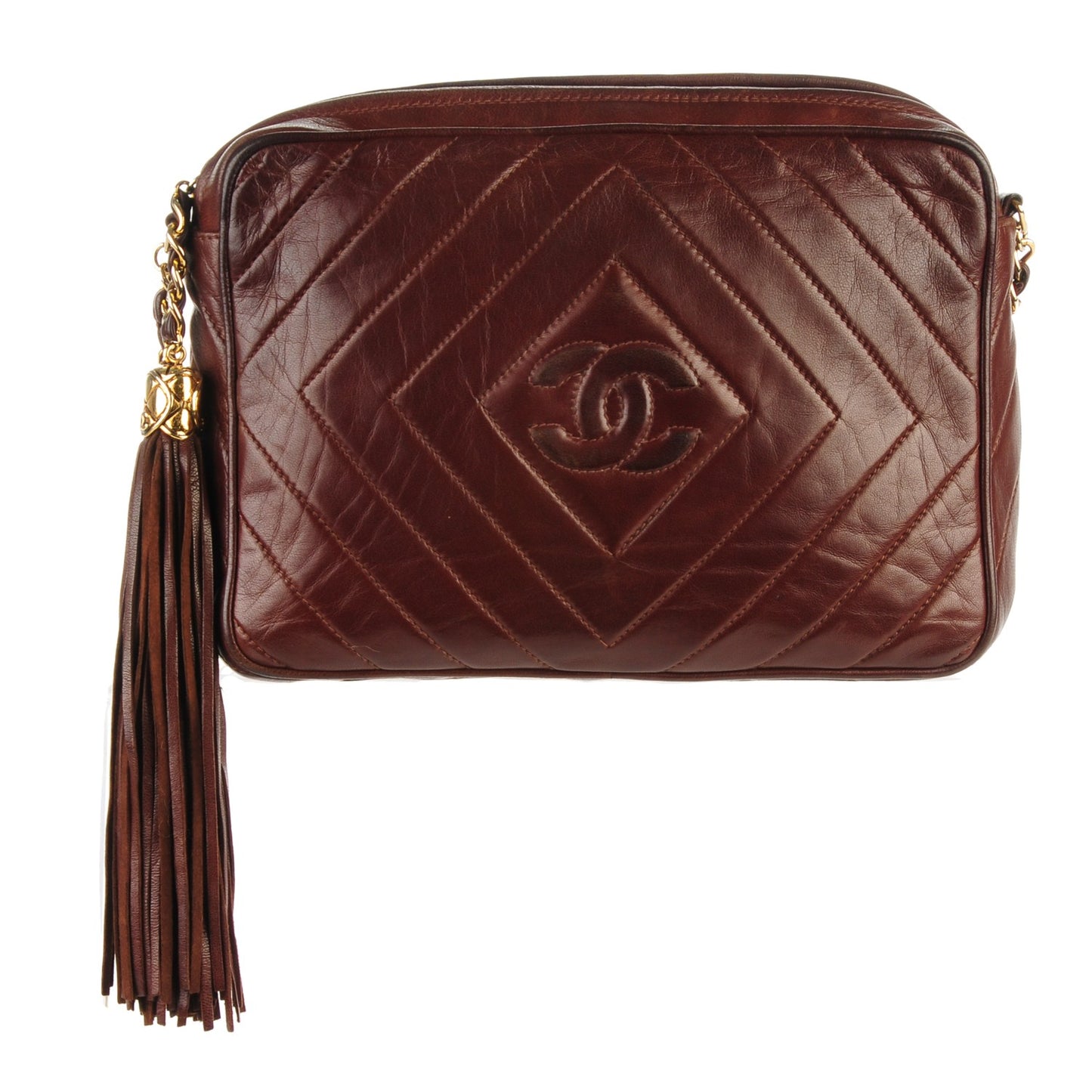 Lambskin Chevron Tassel Camera Case Brown