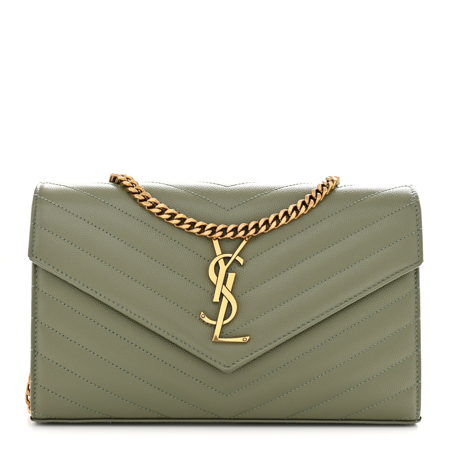 Saint Laurent Grain De Poudre Matelasse Chevron Monogram Chain Wallet Light Sage 1 of 10