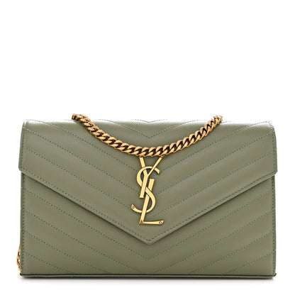 Saint Laurent Grain De Poudre Matelasse Chevron Monogram Chain Wallet Light Sage 1 of 10
