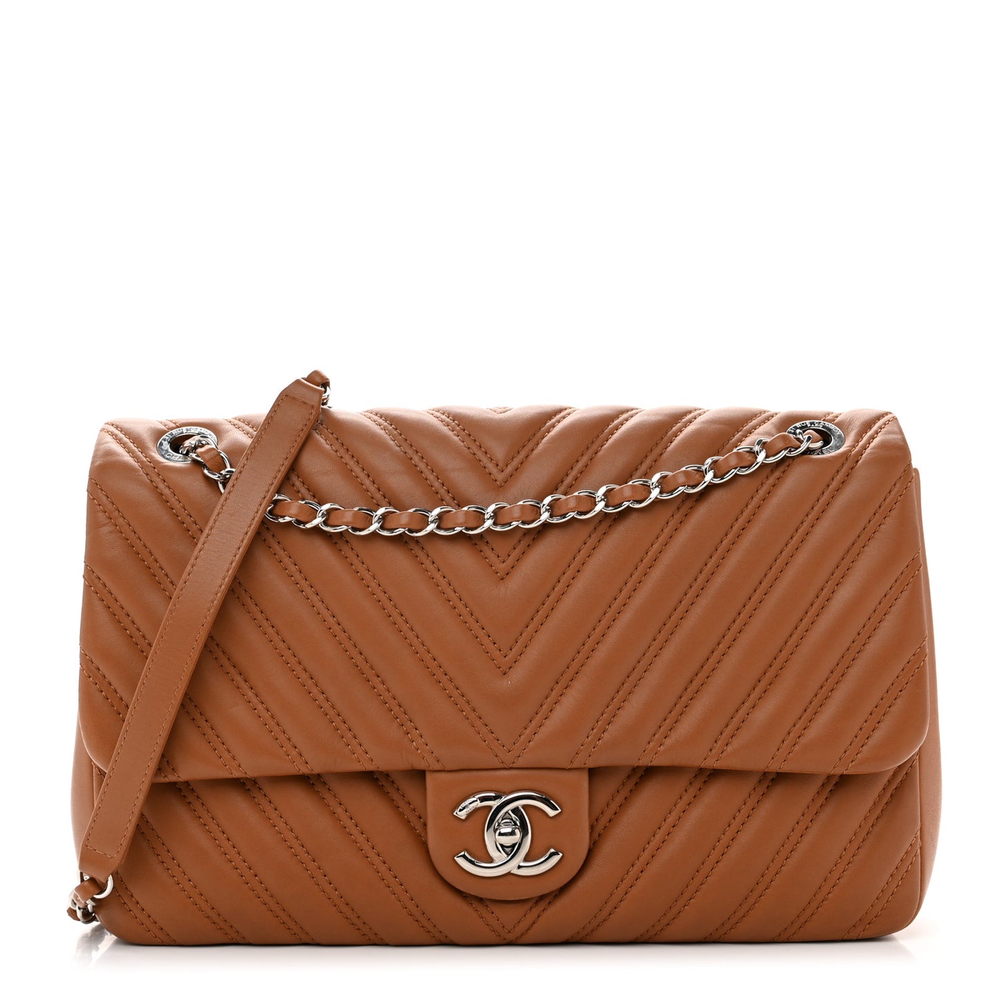 Lambskin Chevron Quilted Double Stitch Jumbo Single Flap Camel