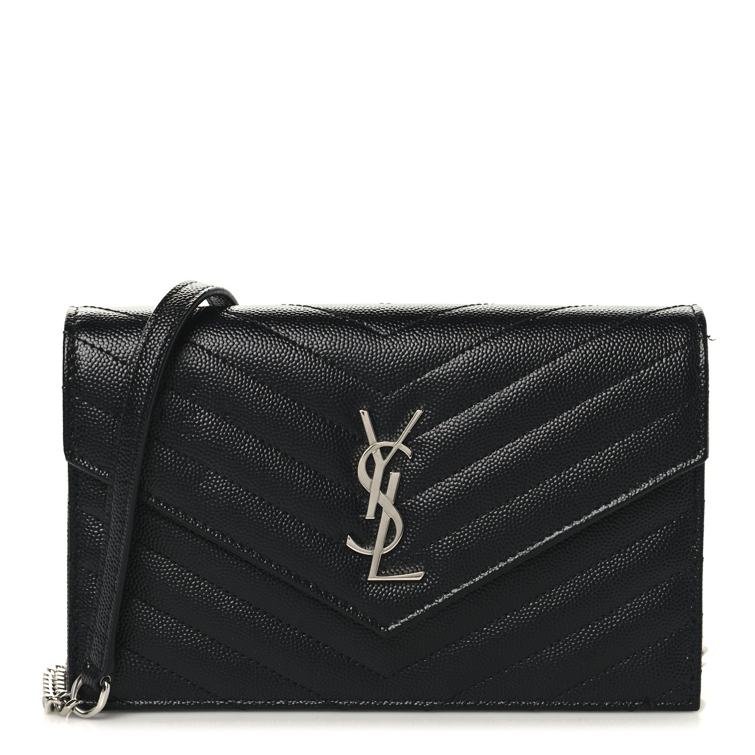 Saint Laurent Grain De Poudre Matelasse Chevron Monogram Envelope Chain Wallet Black 1 of 9