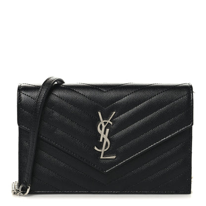 Saint Laurent Grain De Poudre Matelasse Chevron Monogram Envelope Chain Wallet Black 1 of 9