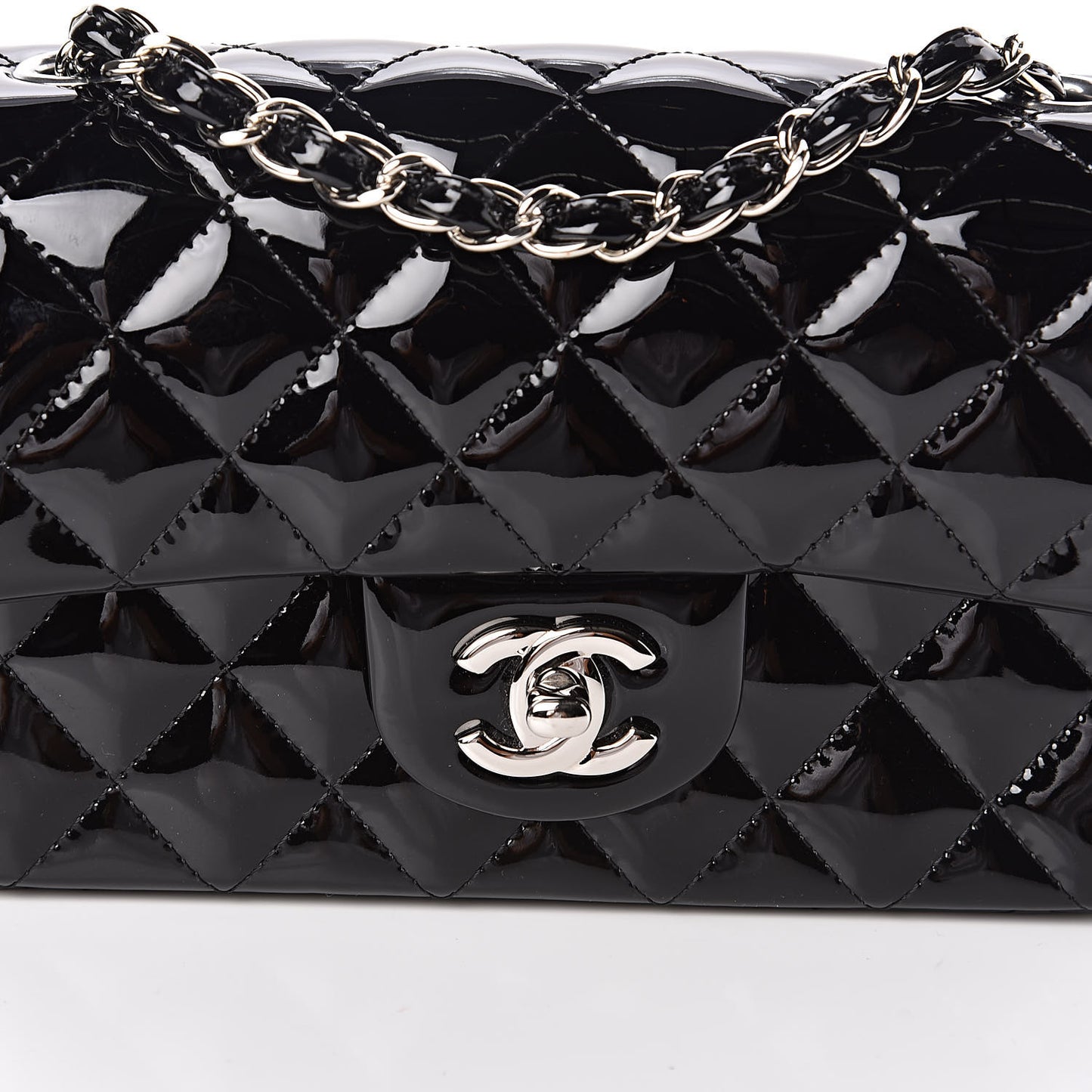 Patent Calfskin Quilted Mini Rectangular Flap Black
