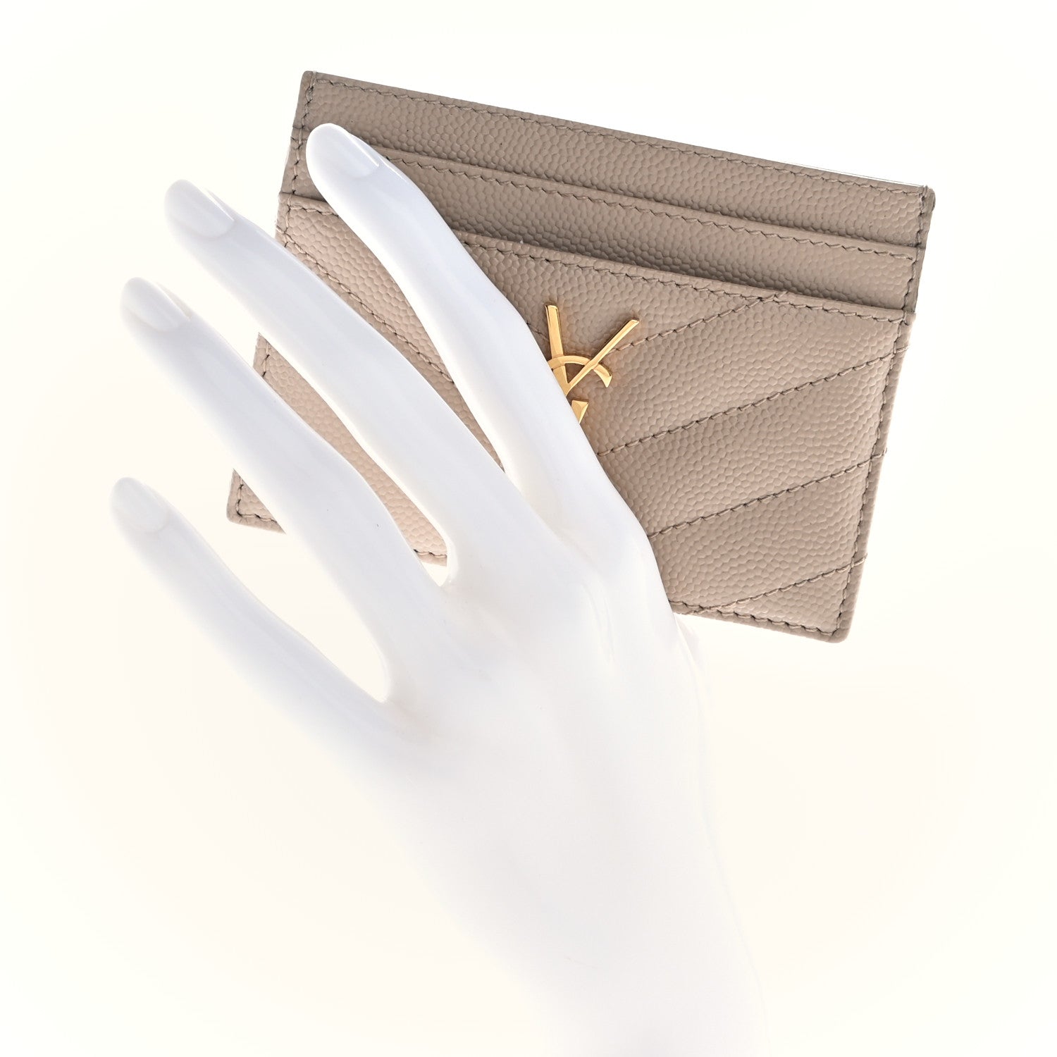 Saint Laurent Grain De Poudre Matelasse Chevron Monogram Credit Card Case Dark Beige 2 of 9