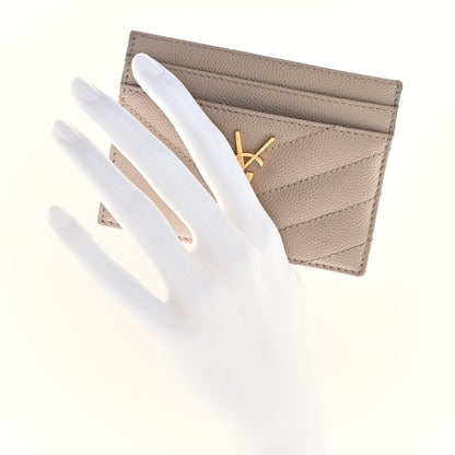 Saint Laurent Grain De Poudre Matelasse Chevron Monogram Credit Card Case Dark Beige 2 of 9