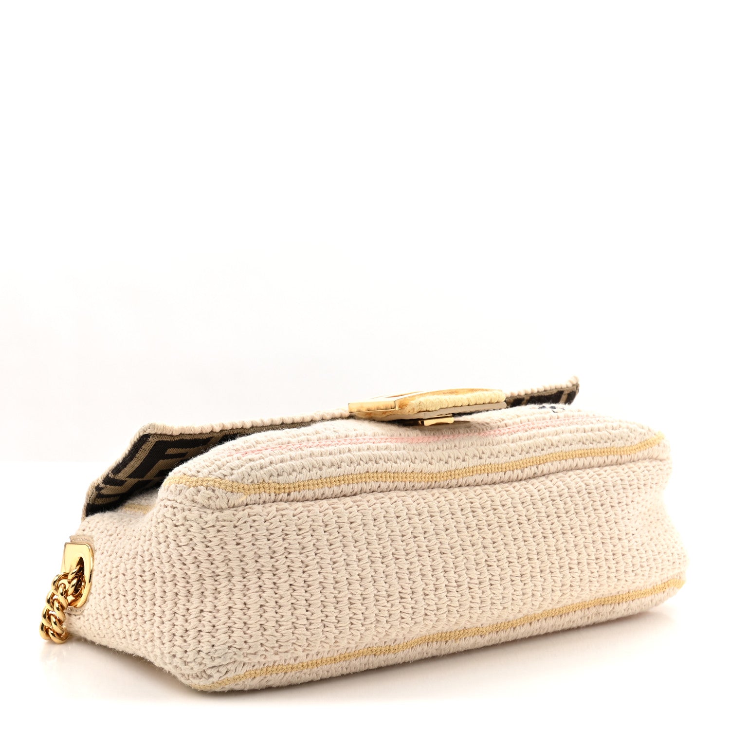 Fendi Cotton Vitello Seta Floral Woven Chain Baguette White Multicolor 4 of 11