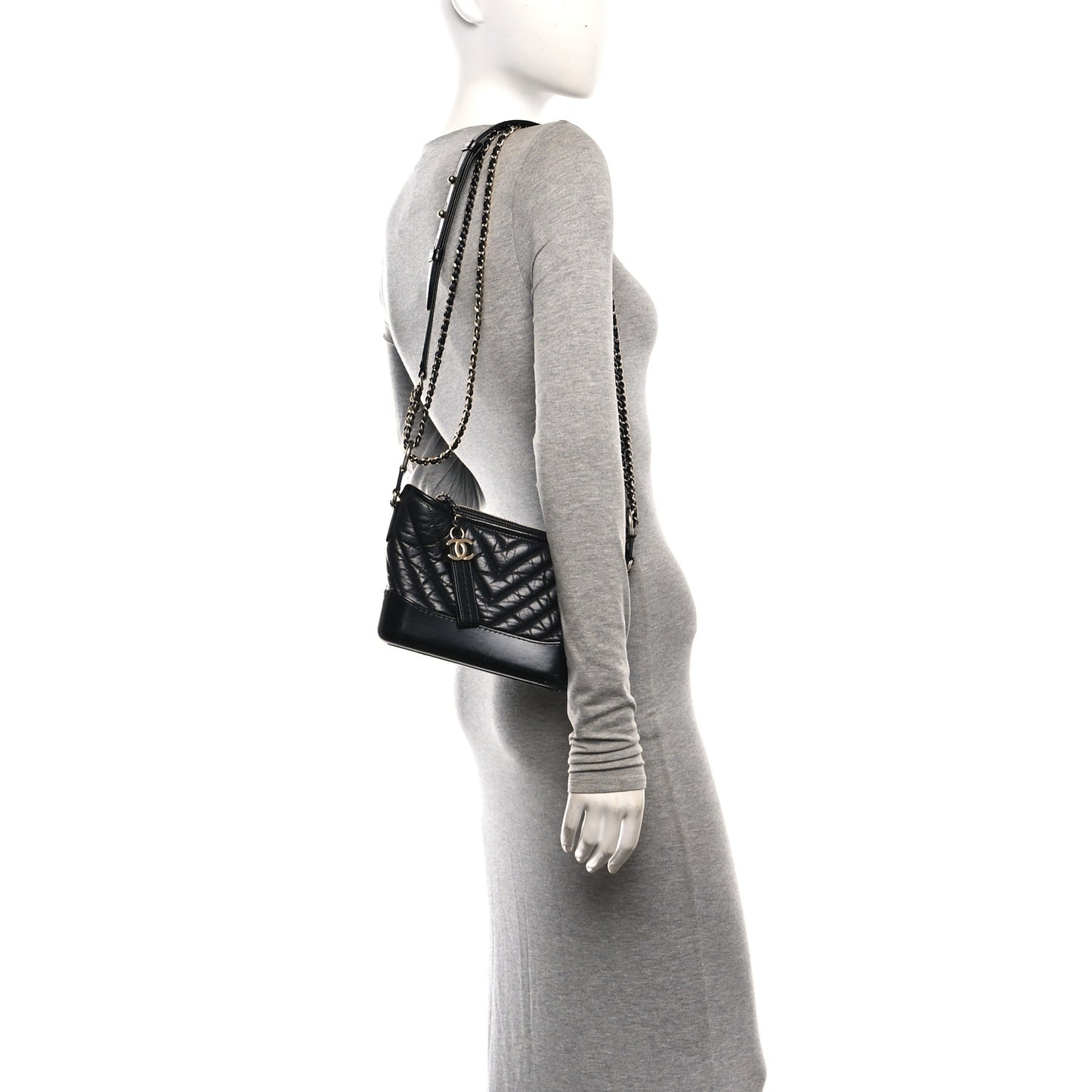 Aged Calfskin Chevron Quilted Small Gabrielle Hobo Black