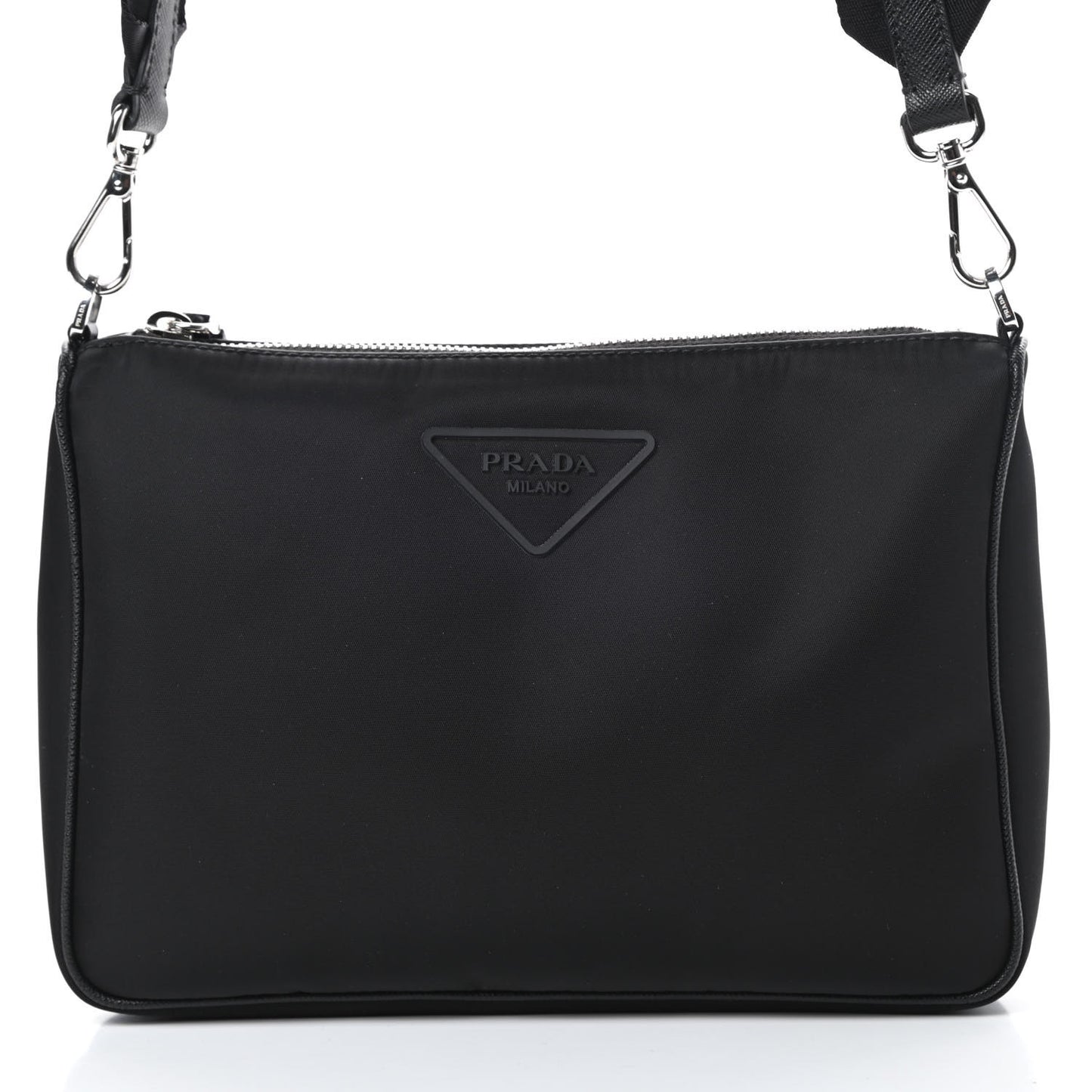 Tessuto Nylon Saffiano Rubber Triangle Logo Pocket Zippered Shoulder Bag Black