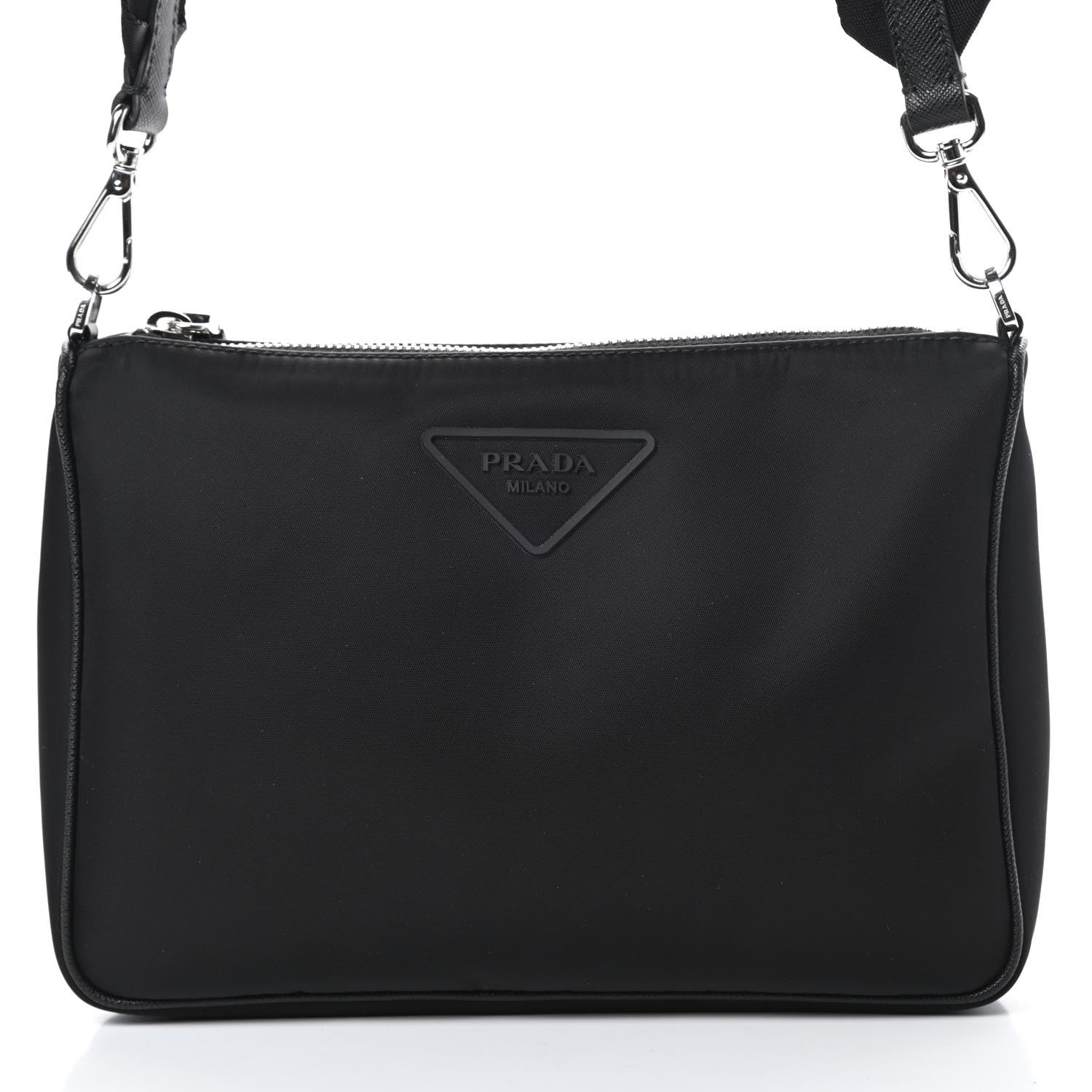 Prada Tessuto Nylon Saffiano Rubber Triangle Logo Pocket Zippered Shoulder Bag Black 9 of 11