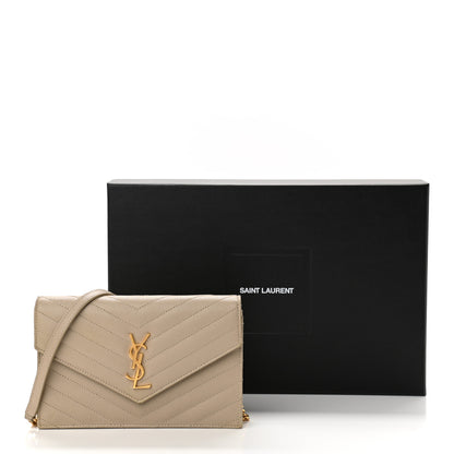 Saint Laurent Grain De Poudre Matelasse Chevron Monogram Envelope Chain Wallet Dark Beige 11 of 11