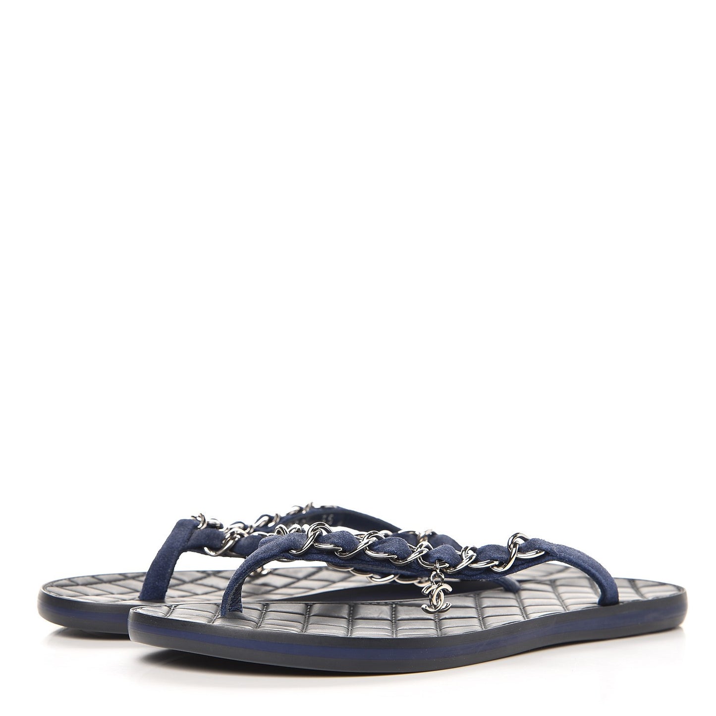 Suede Calfskin Quilted Chain Thong Sandals 35 Navy Blue