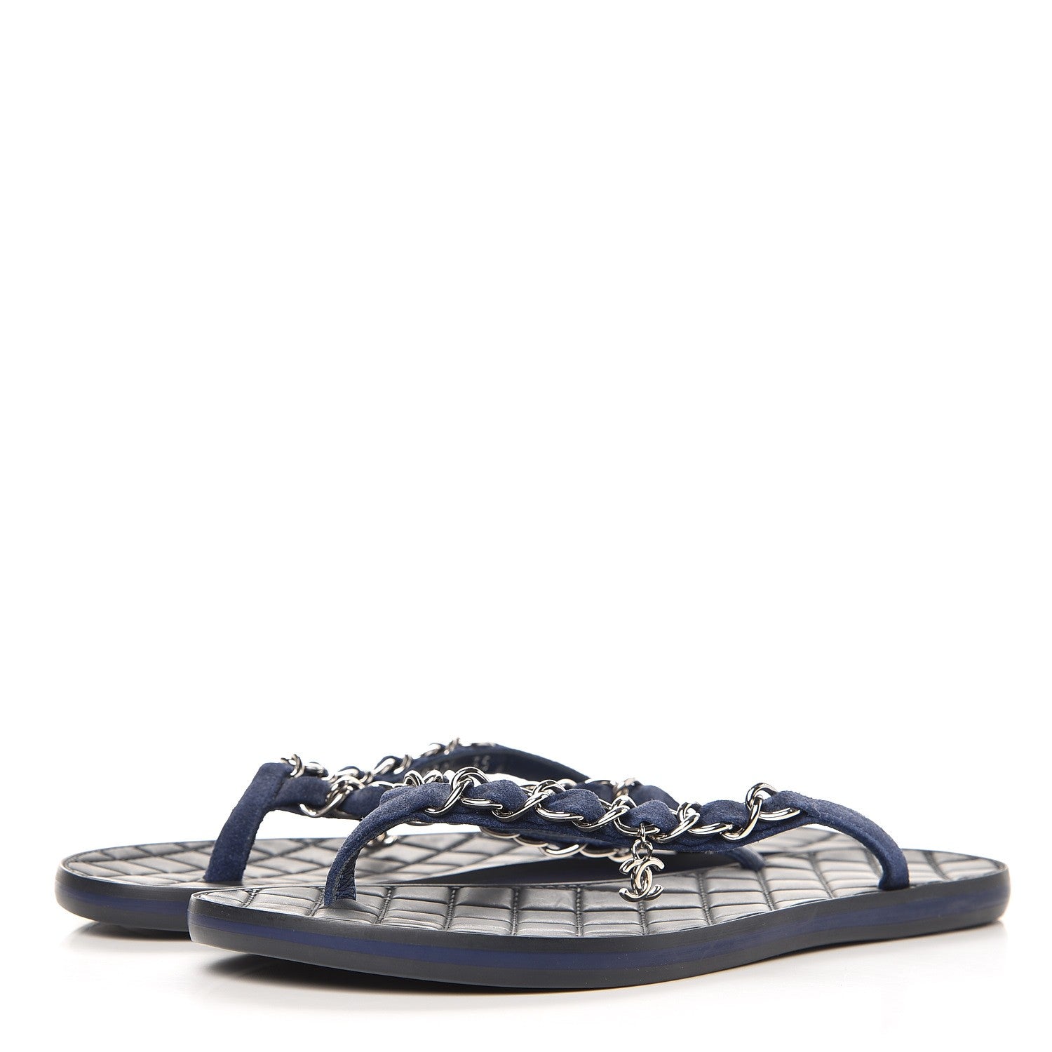 Chanel Suede Calfskin Quilted Chain Thong Sandals 35 Navy Blue 2 of 8
