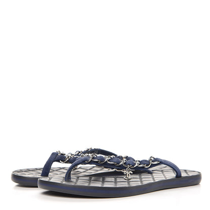 Chanel Suede Calfskin Quilted Chain Thong Sandals 35 Navy Blue 2 of 8