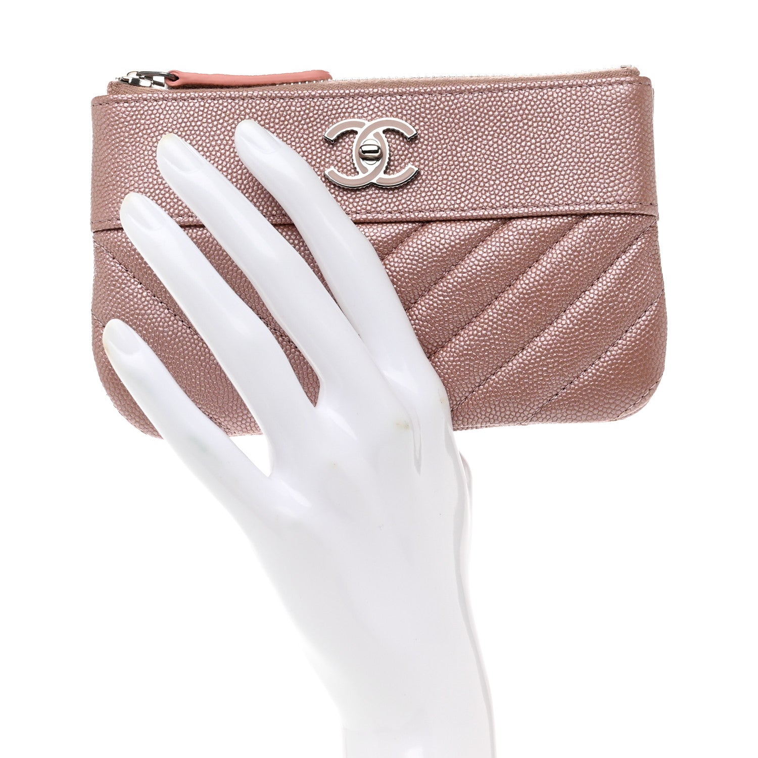 Chanel Metallic Caviar Chevron Quilted Small Vintage Mademoiselle Cosmetic Case Pink 2 of 8