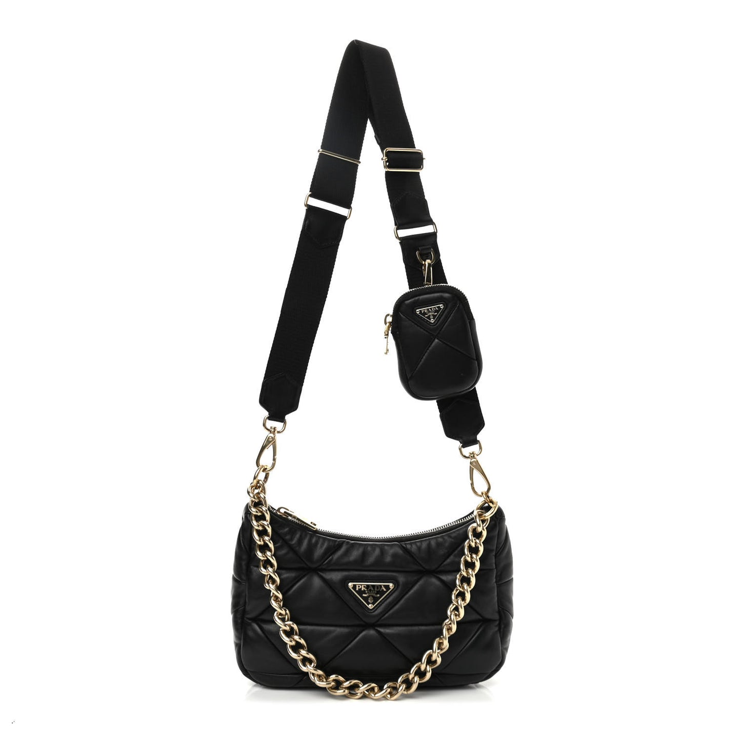 Nappa Re-Nylon Triangle Quilted Patchwork System Shoulder Bag Black