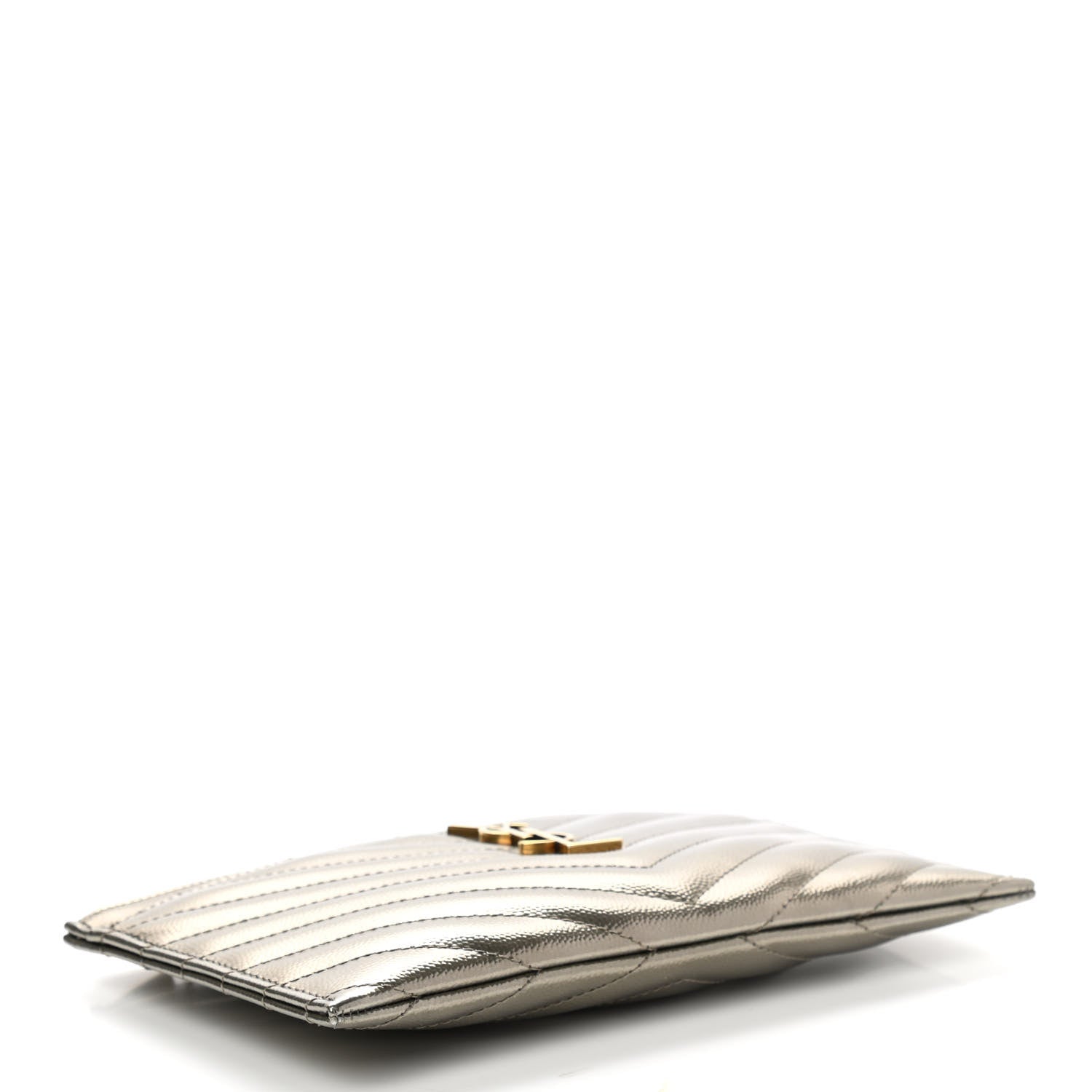 Saint Laurent Metallic Grain De Poudre Matelasse Chevron Monogram Bill Pouch Piombo 4 of 8
