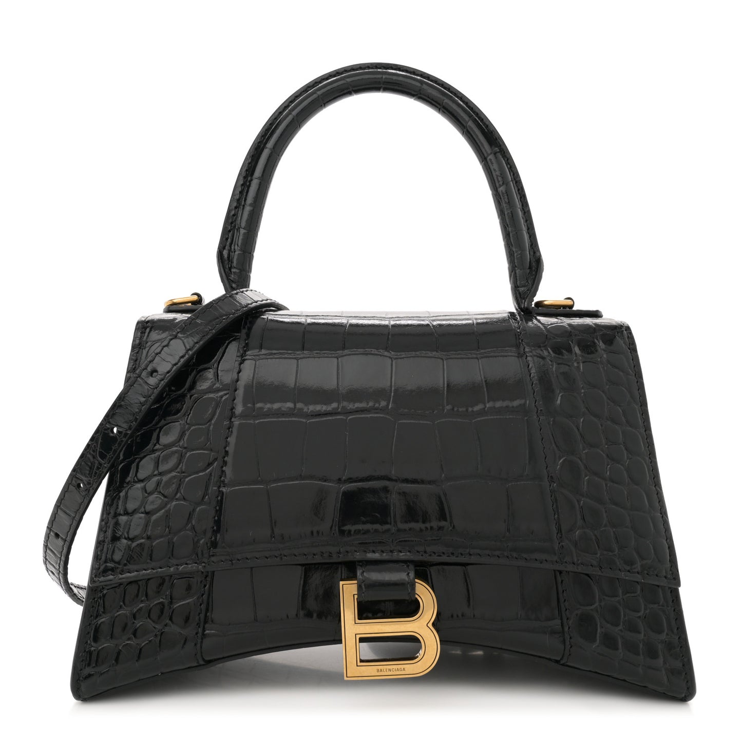Shiny Calfskin Crocodile Embossed Small Hourglass Top Handle Bag Black
