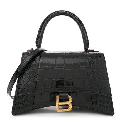 Balenciaga Shiny Calfskin Crocodile Embossed Small Hourglass Top Handle Bag Black 1 of 11