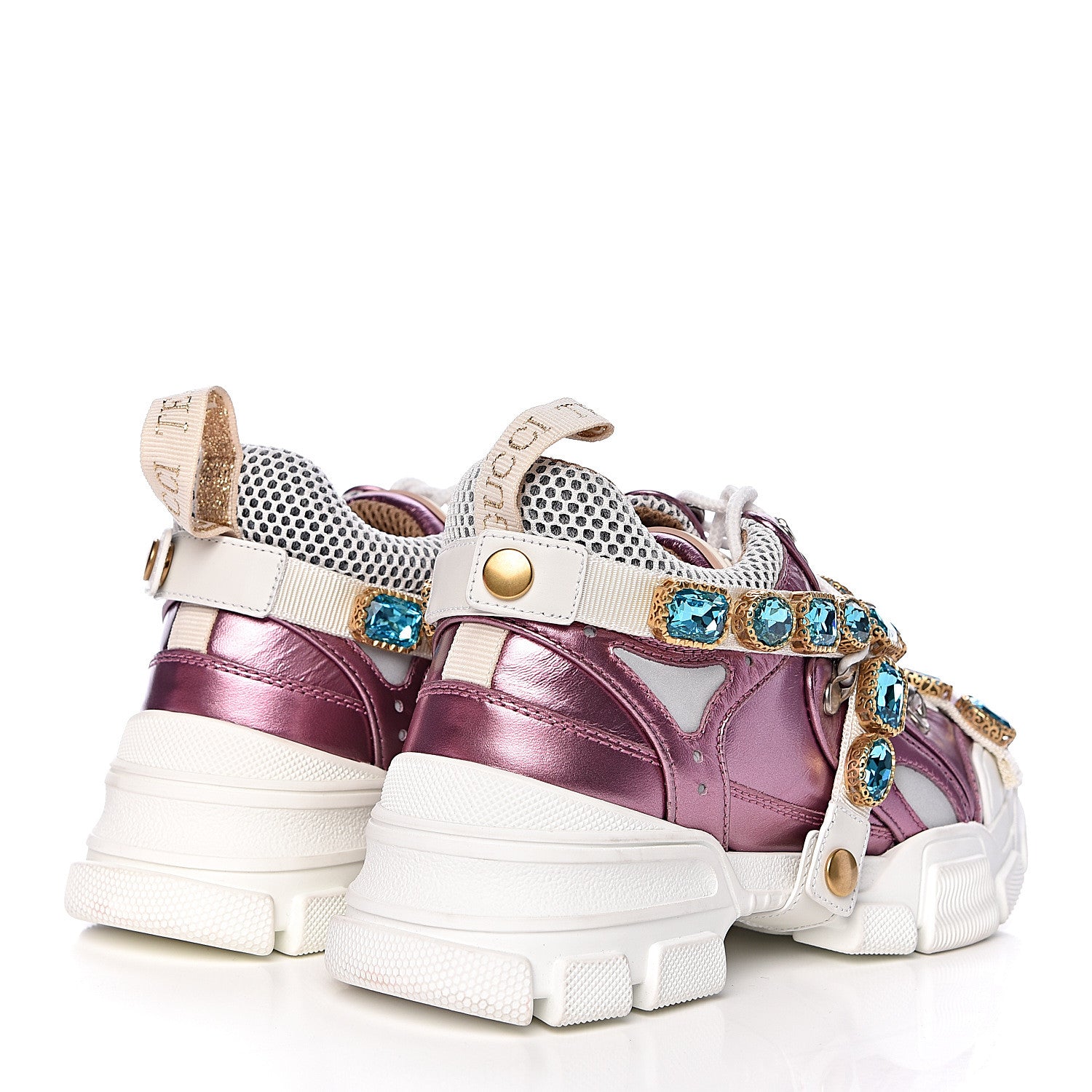 Gucci X SEGA Metallic Calfskin Mesh Removable Crystals Womens Flashtrek Sneakers 36 Rosa Great White Silver 4 of 10