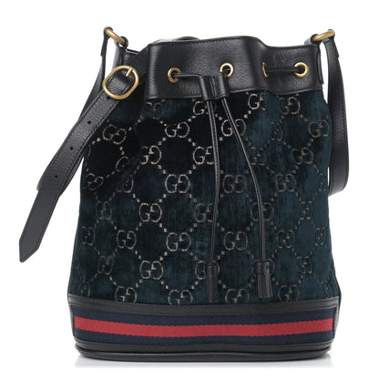 Gucci Velvet GG Monogram Web Bucket Bag Blue Beige 1 of 9