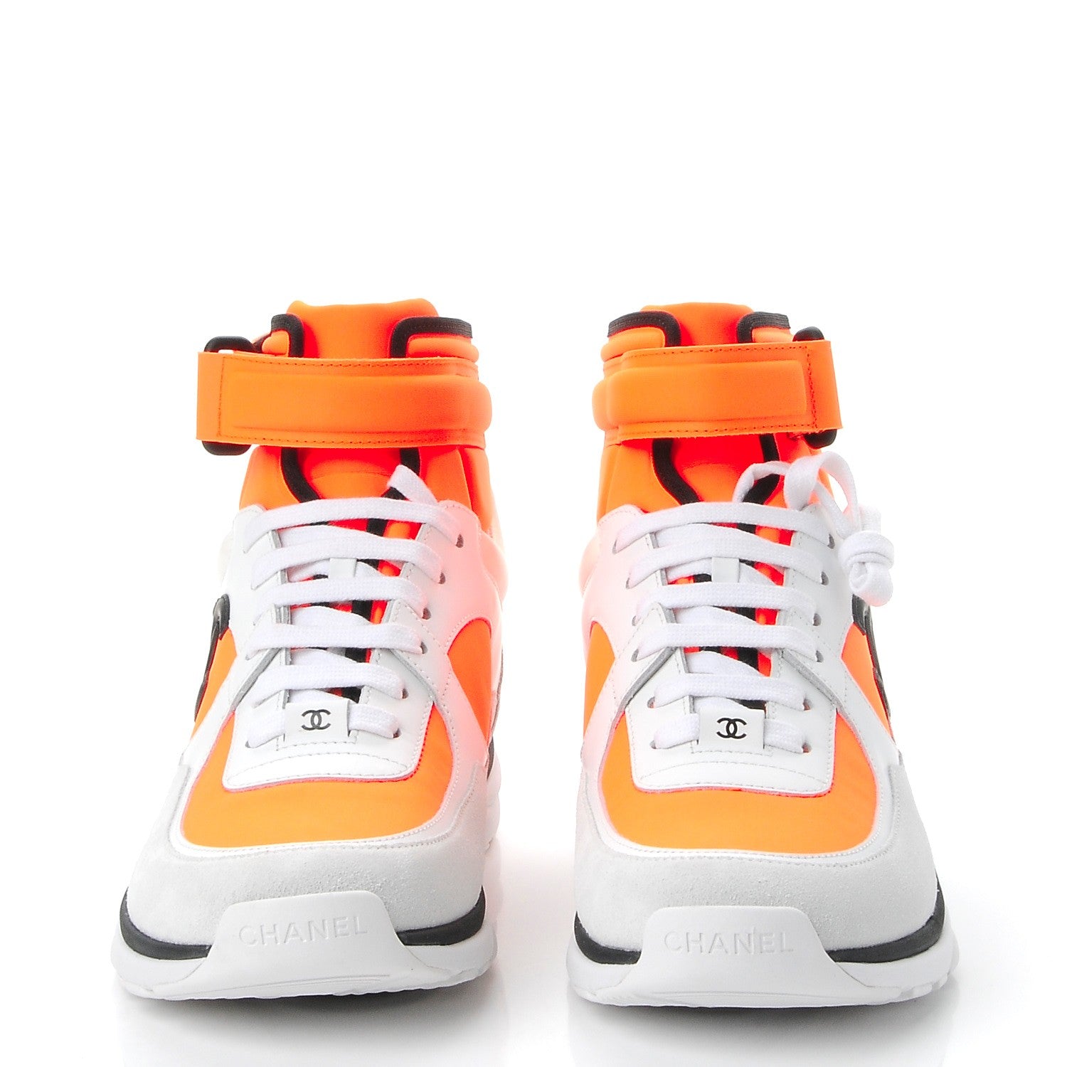 Chanel Suede Calfskin Lambskin Neoprene High Top CC Sneakers 38.5 White Fluo Orange 2 of 10