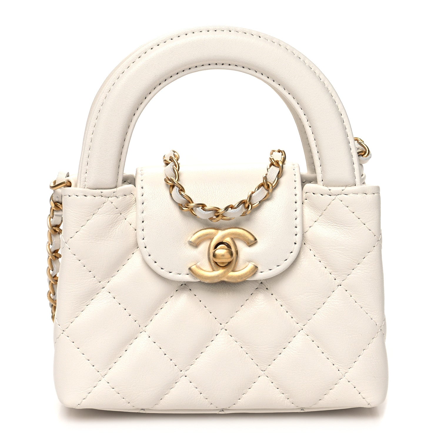 front view image of a CHANEL Shiny Aged Calfskin Quilted Mini Nano Kelly Shopper in the color White by FASHIONPHILE