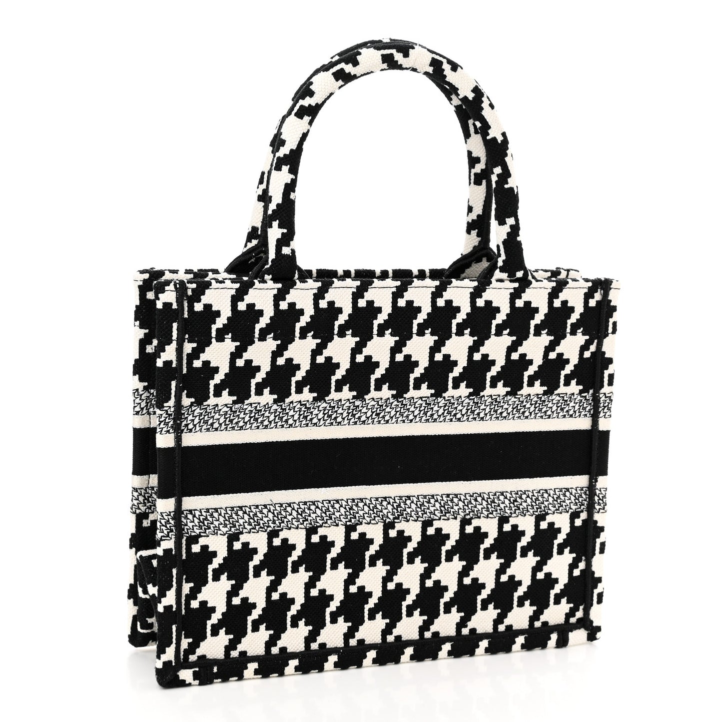 Canvas Houndstooth Embroidered Small Book Tote Black White
